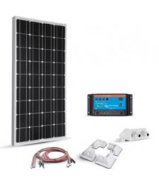 Kit 100W 12V pentru sisteme fotovoltaice instalate pe autorulote si barci cu un panou fotoelectric monocristalin 100W 12V, un regulator de incarcare solar PWM 10A 12/24V si 4 colturi de fixare pret ieftin