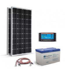 Kit fotovoltaic autonom 200W cu doua panouri solare monocristaline 100W 12V, un regulator de incarcare PWM 20A, un acumulator cu gel 100Ah 12V si setul complet de cabluri si conectori pret ieftin