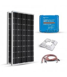 Kit solar 200W pentru barci, rulote si autorulote cu doua panouri fotoelectrice monocristaline 100W 12V, un regulator de incarcare MPPT 15A si setul complet de cabluri pret ieftin