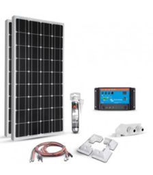 Kit solar pentru autorulote si barci 200W cu 2 panouri fotovoltaice monocristaline 100W 12V, un regulatori de incarcare PWM 20A 12V – 24V si setul complet de cabluri si conectori pret ieftin