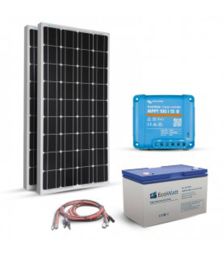 Kit solar pentru sistemele off-grid cu 2 panouri fotovoltaice monocristaline 100W 12V, un regulator de incarcare MPPT 15A si un acumulator solar 100Ah 12V pret ieftin