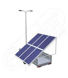 Generator fotovoltaic mobil montat pe o remorca auto cu o singura axa IDELLA Mobile Energy IME 6 pentru aplicatii agricole sau santiere temporare cu 6 panouri solare, un stalp pentru iluminat si doua lampi cu LED