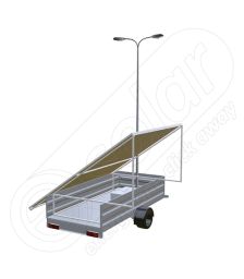 Generator fotovoltaic mobil montat pe o remorca auto cu o singura axa IDELLA Mobile Energy IME 6 pentru aplicatii agricole sau santiere temporare cu 6 panouri solare, un stalp pentru iluminat si doua lampi cu LED