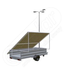 Generator solar mobil IDELLA Mobile Energy IME 6 montat pe o remorca auto cu o singura axa, pentru santiere temporare sau aplicatii agricole, cu 6 panouri fotovoltaice IDELLA Power Poly IPP 550W, un stalp pentru iluminat cu 3 brate si 3 lampi cu LED
