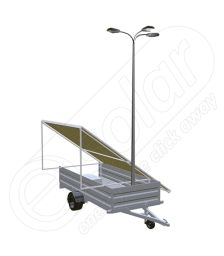 Generator solar mobil IDELLA Mobile Energy IME 6 montat pe o remorca auto cu o singura axa, pentru santiere temporare sau aplicatii agricole, cu 6 panouri fotovoltaice IDELLA Power Poly IPP 550W, un stalp pentru iluminat cu 3 brate si 3 lampi cu LED