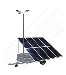 Generator solar mobil pentru santiere temporare sau aplicatii agricole IDELLA Mobile Energy IME 8 montat pe o remorca auto pe o singura axa, cu 8 module fotovoltaice, un stalp pentru iluminat si 3 lampi solare cu LED