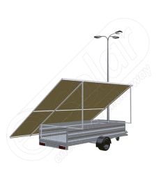 Generator solar mobil pentru santiere temporare sau aplicatii agricole IDELLA Mobile Energy IME 8 montat pe o remorca auto pe o singura axa, cu 8 module fotovoltaice, un stalp pentru iluminat si 3 lampi solare cu LED