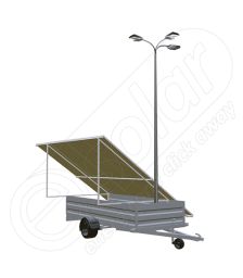 Generator solar mobil pentru santiere temporare sau aplicatii agricole IDELLA Mobile Energy IME 8 montat pe o remorca auto pe o singura axa, cu 8 module fotovoltaice, un stalp pentru iluminat si 3 lampi solare cu LED