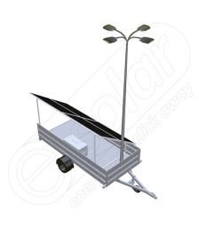 Remorca fotovoltaica mobila IDELLA Mobile Energy IME 4 pentru aplicatii agricole sau santiere temporare, cu 4 module solare IDELLA Power Poly IPP 550W, un stalp pentru iluminat si 4 lampi cu LED