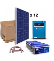 Kit solar 3360W pentru instalatiile autonome cu 12 panouri fotoelectrice policristaline 280W 24V, 4 acumulatori solari 200Ah 12V si un invertor hibrid MPPT 5.5KVA 48V 100A pret ieftin