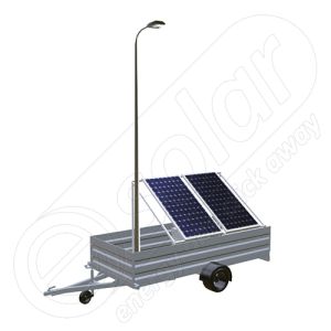 Generator fotovoltaic mobil IDELLA Mobile Energy IME 2 montat pe o remorca cu o singura axa, cu stalp si o lampa de iluminat