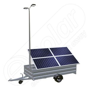 Generator fotovoltaic mobil IDELLA Mobile Energy IME 4 montat pe o remorca auto, cu 4 panouri solare IDELLA Power Poly IPP 550W, un stalp de iluminat si doua lampi solare cu led