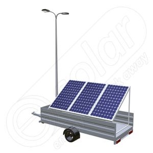Generator fotovoltaic mobil montat pe o remorca cu o singura axa IDELLA Mobile Energy IME 3, cu un stalp pentru iluminat, 3 panouri solare IDELLA Power Poly IPP 550W si 2 lampi cu LED