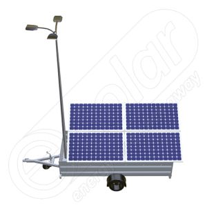 Generator solar mobil montat pe o remorca cu o singura axa IDELLA Mobile Energy IME 4, cu 4 panouri fotovoltaice IDELLA Power Poly IPP 550W, un stalp de iluminat cu 3 brate si 3 lampi solare cu LED