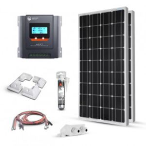 Kit solar 360W pentru barci, rulote si autorulote, cu doua panouri fotoelectrice monocristaline 180W 12V, un regulator de incarcare solar MPPT 30A 12V – 24V si setul complet de cabluri presertizate cu conectori MC4 pret ieftin