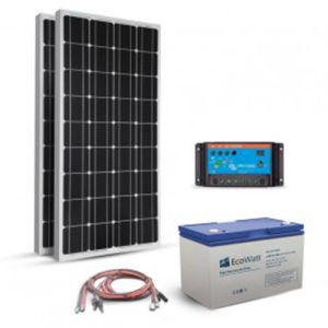 Kit fotovoltaic autonom 200W cu doua panouri solare monocristaline 100W 12V, un regulator de incarcare PWM 20A, un acumulator cu gel 100Ah 12V si setul complet de cabluri si conectori pret ieftin