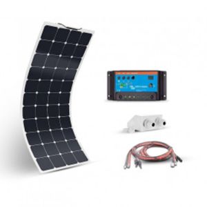 Kit fotovoltaic precablat pentru rulote, autorulote si barci cu un panou solar monocristalin flexibil 110W 12V pentru spatii reduse si un regulator de incarcare PWM 10A 12V – 24V pret ieftin