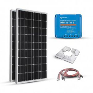 Kit solar 200W pentru barci, rulote si autorulote cu doua panouri fotoelectrice monocristaline 100W 12V, un regulator de incarcare MPPT 15A si setul complet de cabluri pret ieftin