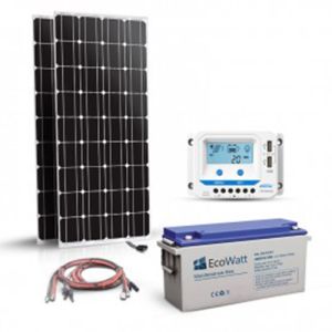 Kit solar 360W pentru sisteme off-grid cu 2 panouri fotoelectrice monocristaline 180W 12V, un regulator de incarcare PWM 30A si un acumulator solar 150Ah 12V pret ieftin