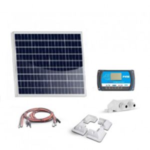 Kit solar 50W precablat pentru autorulote si barci cu un panou fotovoltaic policristalin 50W 12V, un regulator de incarcare PWM 10A 12/24V si sistem de fixare pret ieftin