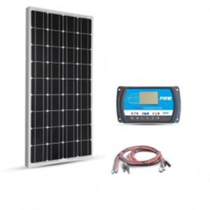Kit solar basic starter cu un panou fotovoltaic monocristalin 100W 12V, un regulator de incarcare PWM 10A 12V – 24V si cabluri presertizate pret ieftin