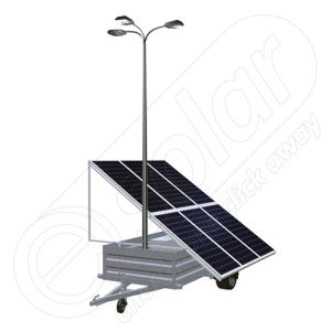 Generator solar mobil IDELLA Mobile Energy IME 6 montat pe o remorca auto cu o singura axa, pentru santiere temporare sau aplicatii agricole, cu 6 panouri fotovoltaice IDELLA Power Poly IPP 550W, un stalp pentru iluminat cu 3 brate si 3 lampi cu LED
