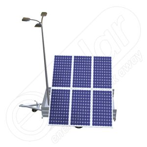 Generator solar mobil IDELLA Mobile Energy IME 6 montat pe o remorca auto cu o singura axa, pentru santiere temporare sau aplicatii agricole, cu 6 panouri fotovoltaice IDELLA Power Poly IPP 550W, un stalp pentru iluminat cu 3 brate si 3 lampi cu LED