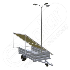 Generator solar mobil IDELLA Mobile Energy IME 6 montat pe o remorca auto cu o singura axa, pentru santiere temporare sau aplicatii agricole, cu 6 panouri fotovoltaice IDELLA Power Poly IPP 550W, un stalp pentru iluminat cu 3 brate si 3 lampi cu LED