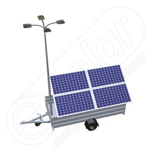 Remorca fotovoltaica mobila IDELLA Mobile Energy IME 4 pentru aplicatii agricole sau santiere temporare, cu 4 module solare IDELLA Power Poly IPP 550W, un stalp pentru iluminat si 4 lampi cu LED