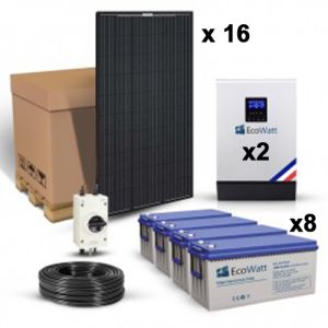 Kit solar 5120W pentru sistemele Off-Grid cu 16 panouri fotoelectrice monocristaline Full Black 320W 24V, doua invertoare hibride 48V 50A si 8 acumulatori cu gel 200Ah 12V pret ieftin