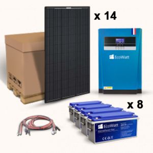 Kit solar pentru instalatiile fotovoltaice Off-Grid cu 14 panouri solare monocristaline 315W 24V, 8 baterii solare plumb-carbon 150 Ah 12V si un invertor hibrid MPPT 48V 100A pret ieftin